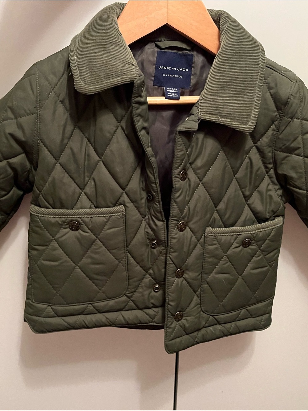 Janie and Jack Olive Green Quilted Puffer with Corduroy Collar